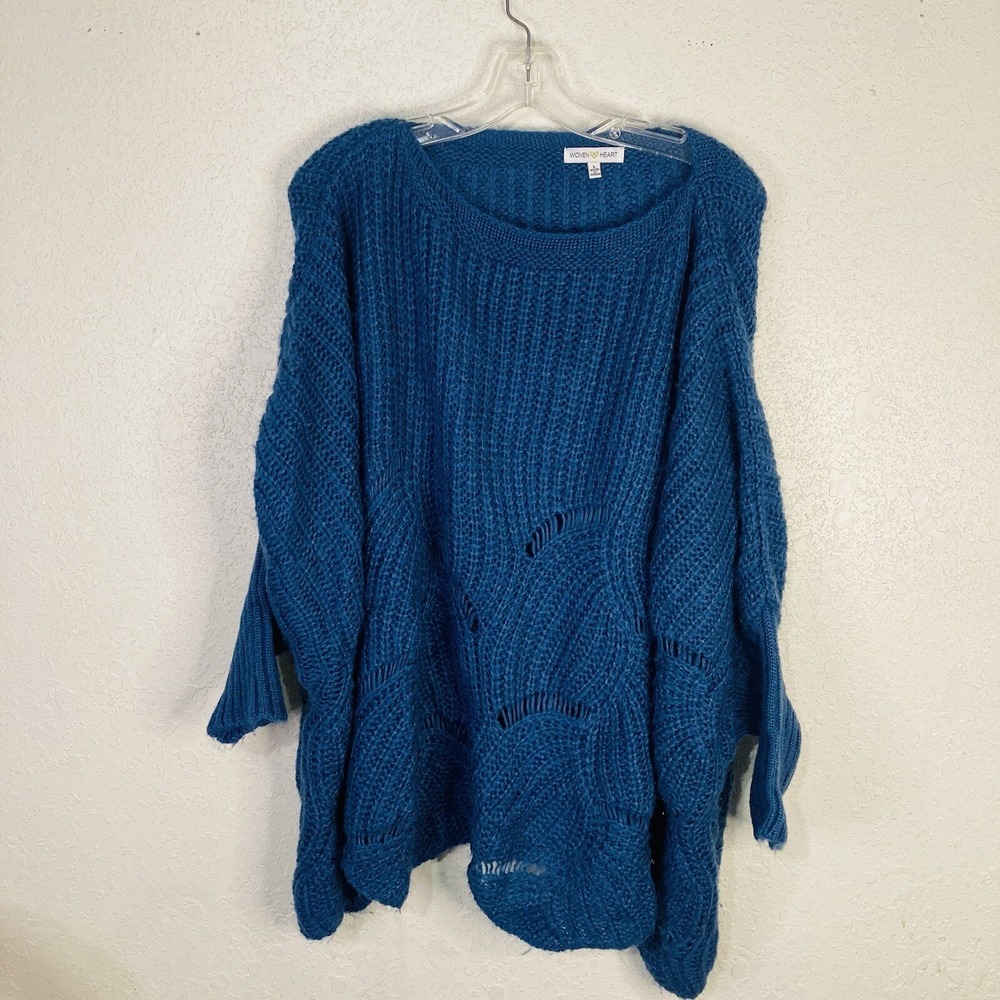 Woven Heart Cotton Blend Open Knit Blue Sweater - Size L